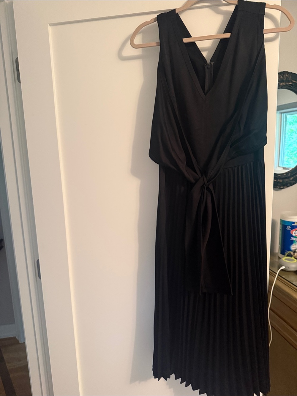 3.1 Phillip Lim Black V-Neck Pleated Midi Dress with Front Tie